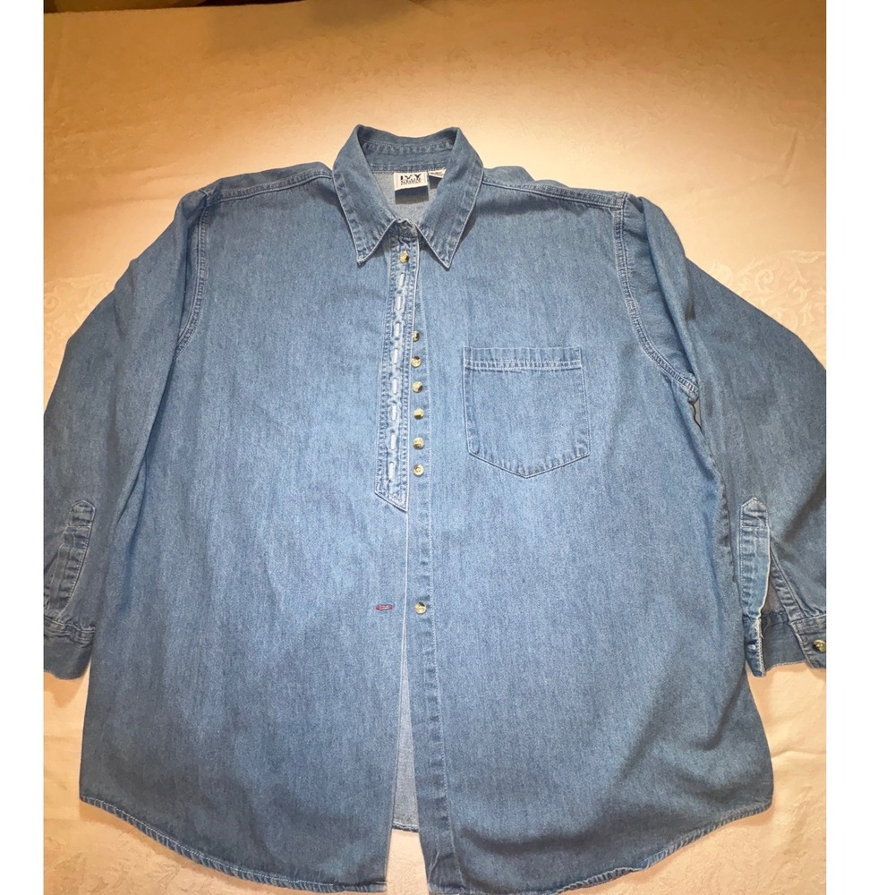 Ivy Club Classics Womens 20W Denim Shirt Blue Cotton Button Down Plus Size Top